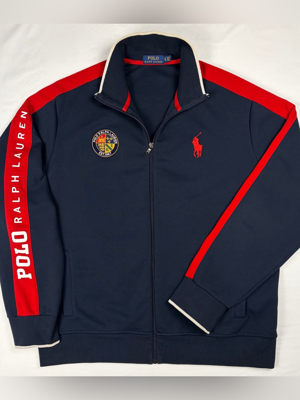 Polo Ralph Lauren XL Navy Red Double Knit Track Jacket Big Pony Crest